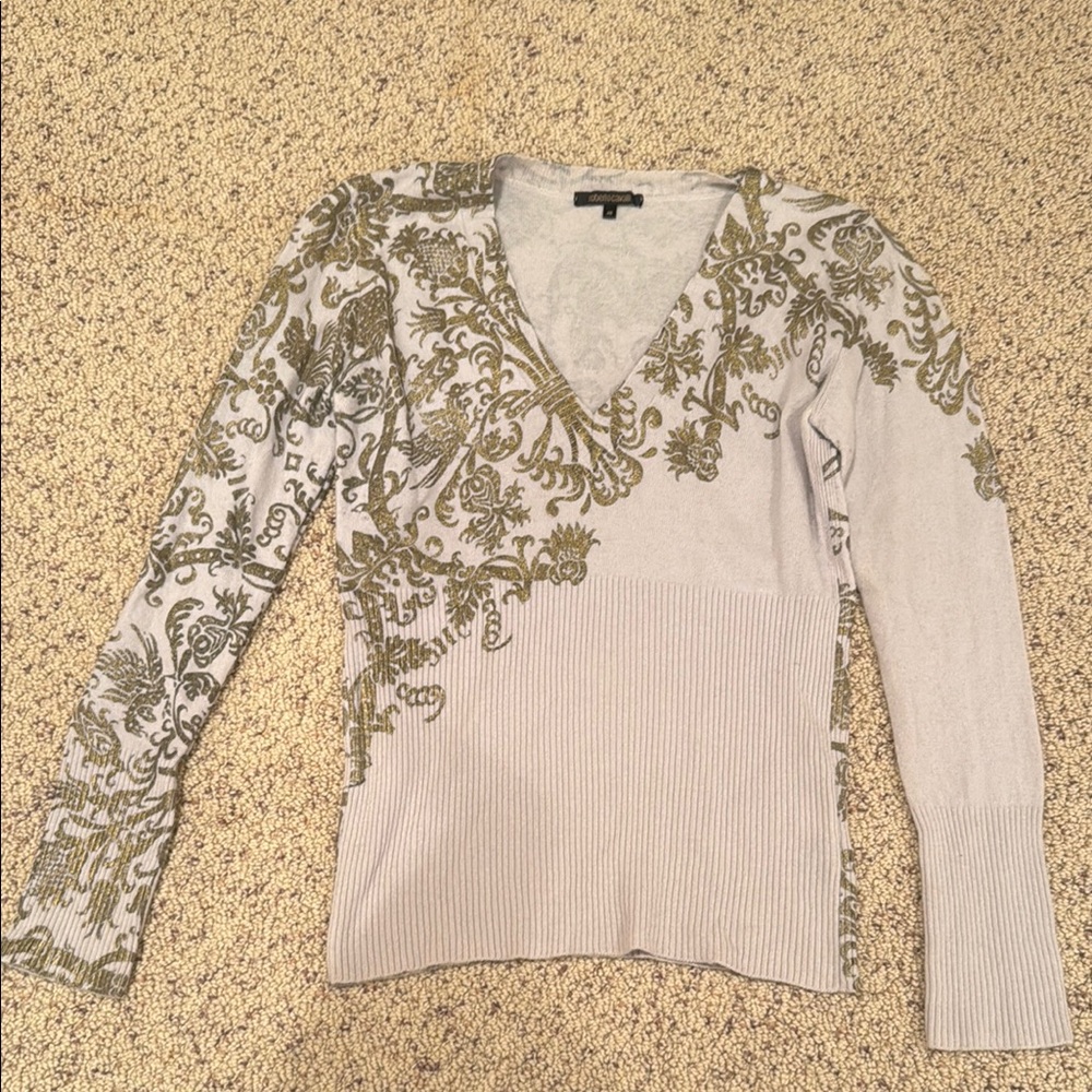 Roberto Cavalli Elegant Light Gray and Green V-Neck Sweater size 46